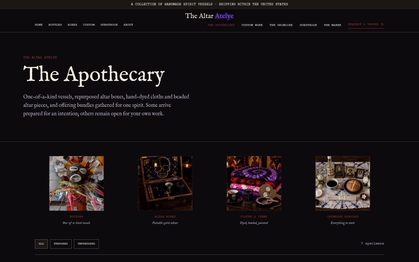 The Altar Atelye Apothecary catalogue with category tiles