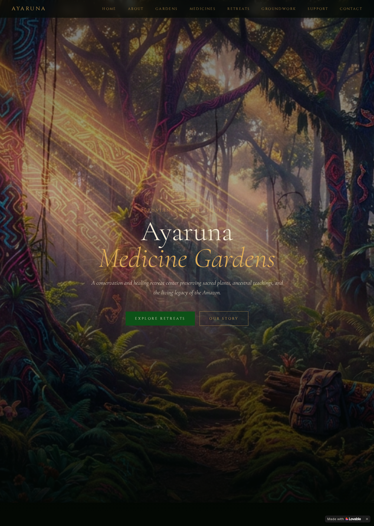 Ayaruna Gardens homepage with its psychedelic rainforest effect fully developed